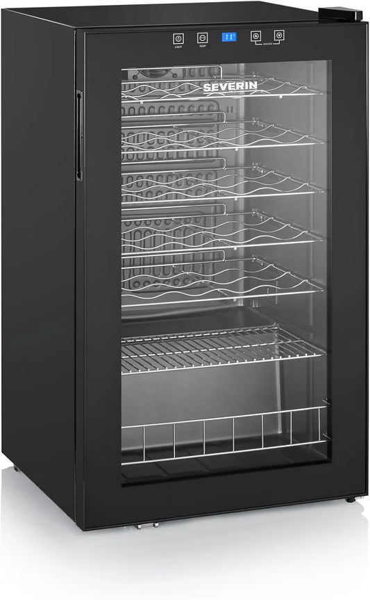 Severin Cave à vin électrique, 95 L, 33 bouteilles, 5 à 18 °C, éclairage LED, tactile, noir, WKS 8908, 85 cm, Long. 48 cm, Haut. 85 cm, Maintien de