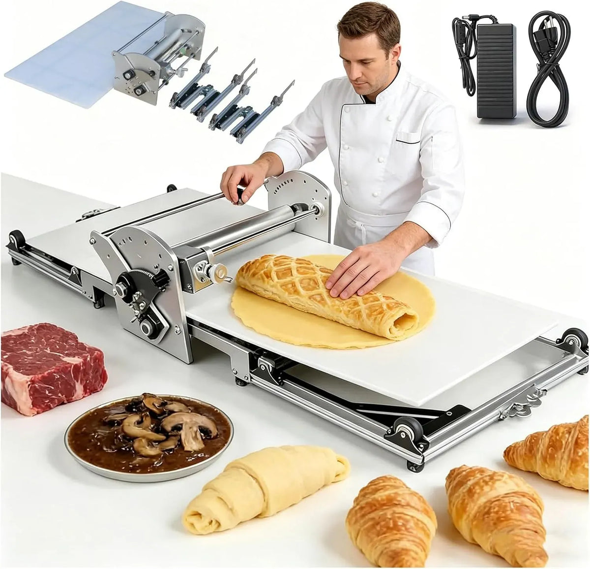 Croissants, Laminoir a Pate électrique Domestique pour Pâte Feuilletée, épaisseur Réglable de 2 à 30mm, Pliable Laminoir Patisserie en Acier