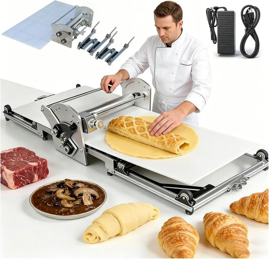 Croissants, Laminoir a Pate électrique Domestique pour Pâte Feuilletée, épaisseur Réglable de 2 à 30mm, Pliable Laminoir Patisserie en Acier