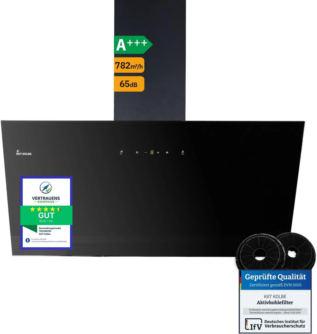 Hotte aspirante TRIO8025S, 80 cm, hotte de cuisine, éclairage LED, tactile, noir, 782 cbm, Air de circulation d'air évacué, capuchons muraux sans tête