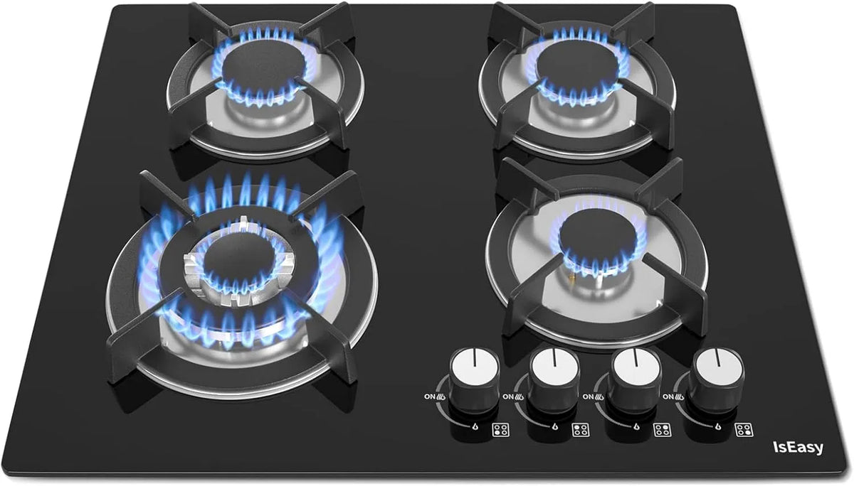 Plaque de cuisson à gaz, 60cm, encastrable, table de cuisson à gaz, buse NG, LPG, Plaque de Cuisson Gaz 4 Feuxs Verre, Gazs Bouteille et Ville