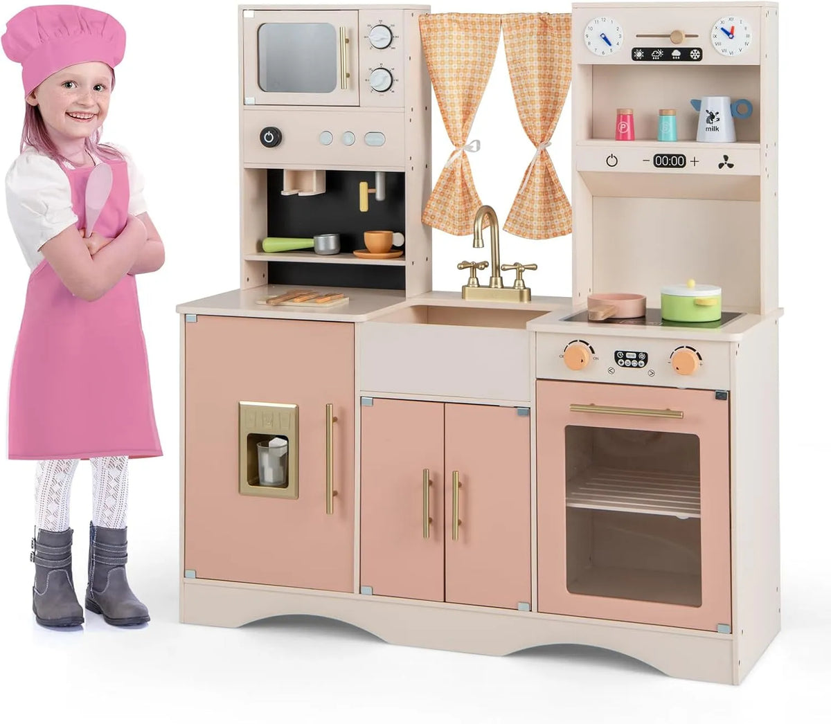 Micro-ondes, Jeu d'Imitation pour Garçon Fille de 3 Ans+, Jeu de Cuisine avec Horloges & Tableau Météo, COSTWAY Cuisine Enfant en Bois avec, Évier