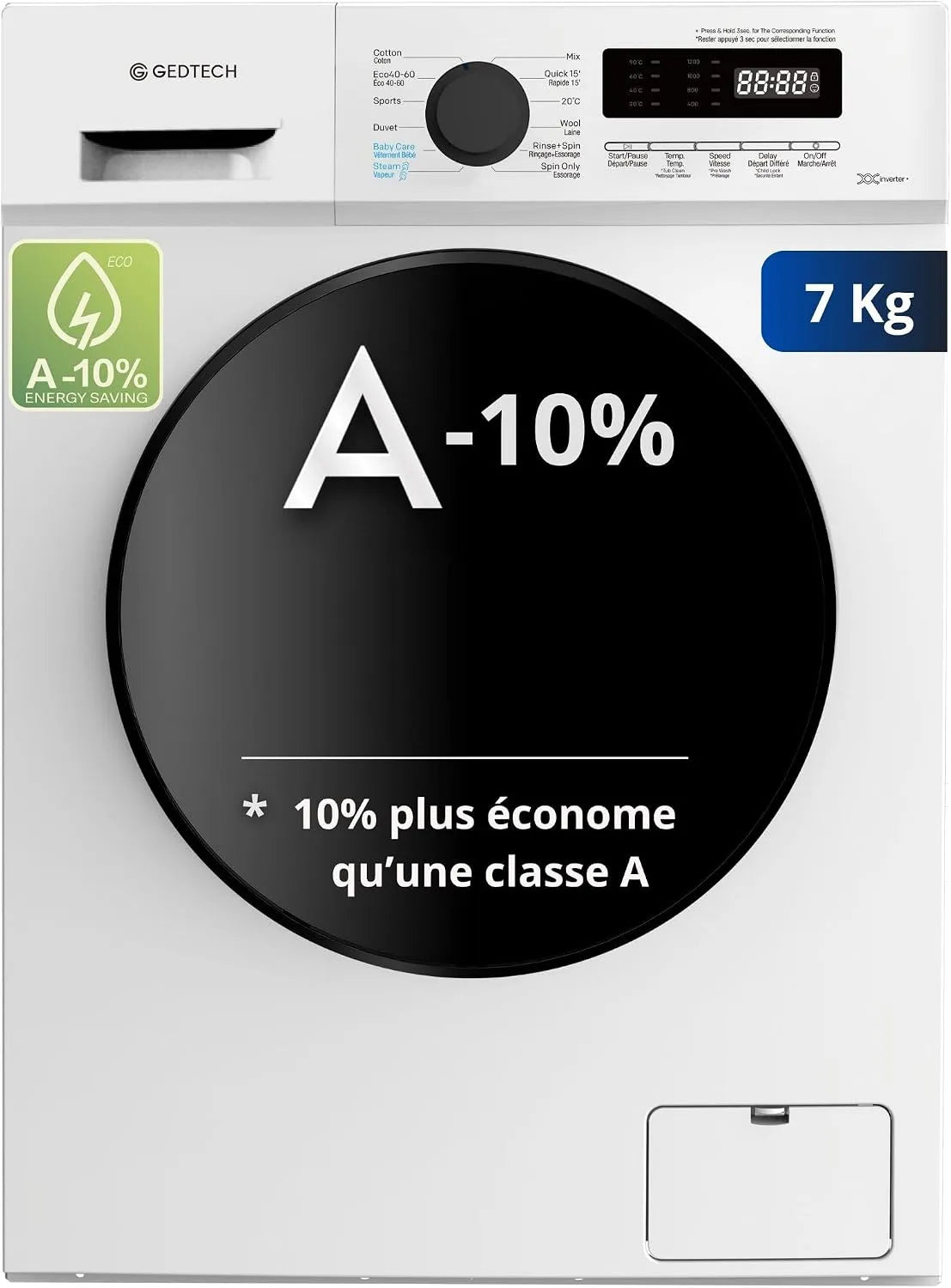 Lave-linge GLL71200WH, 16 programmes, 1200 tr, mn, 7 Kgs, Très Faible conso, mn - 16 programmes - Eco - Intensif - Rapide