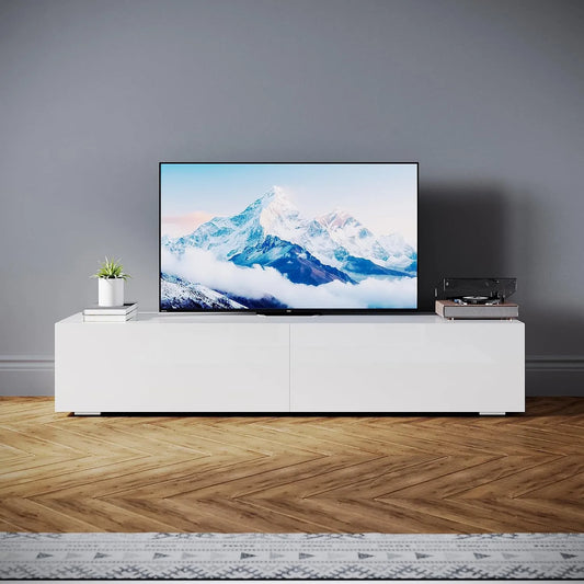 Meuble TV, 65 pouces, 160 x 40 x 30 cm, décoration de salon, blanc, 2 portes rabattables, étagère TV pour salon, suspendu, debout, design sans poignée