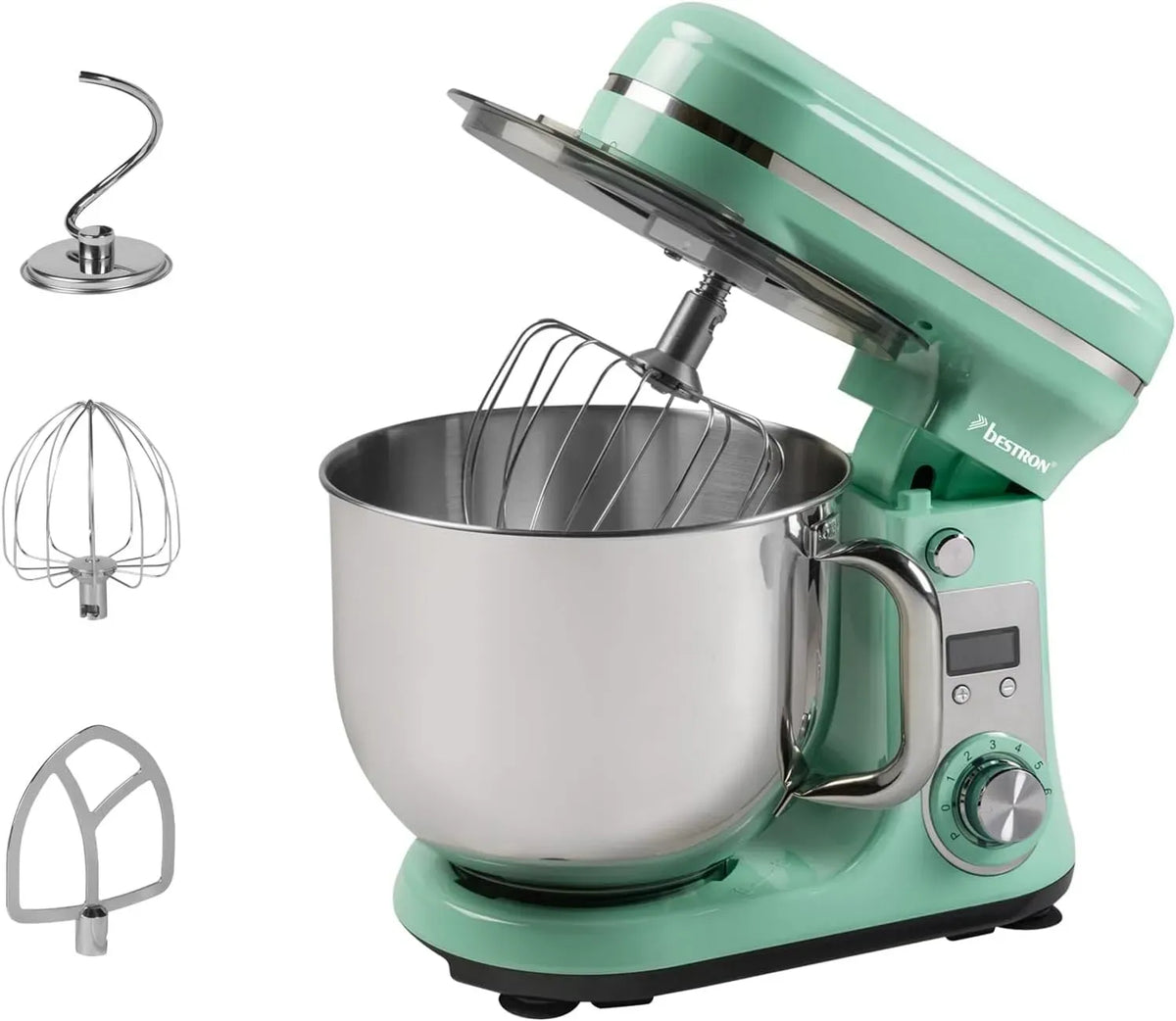 Robot de cuisine 4-en-1, 6 L, 65 dB, silencieux, vert, 6 vitesses + fonction Pulse, Robot pâtissier super silencieux, bol de 6 litres