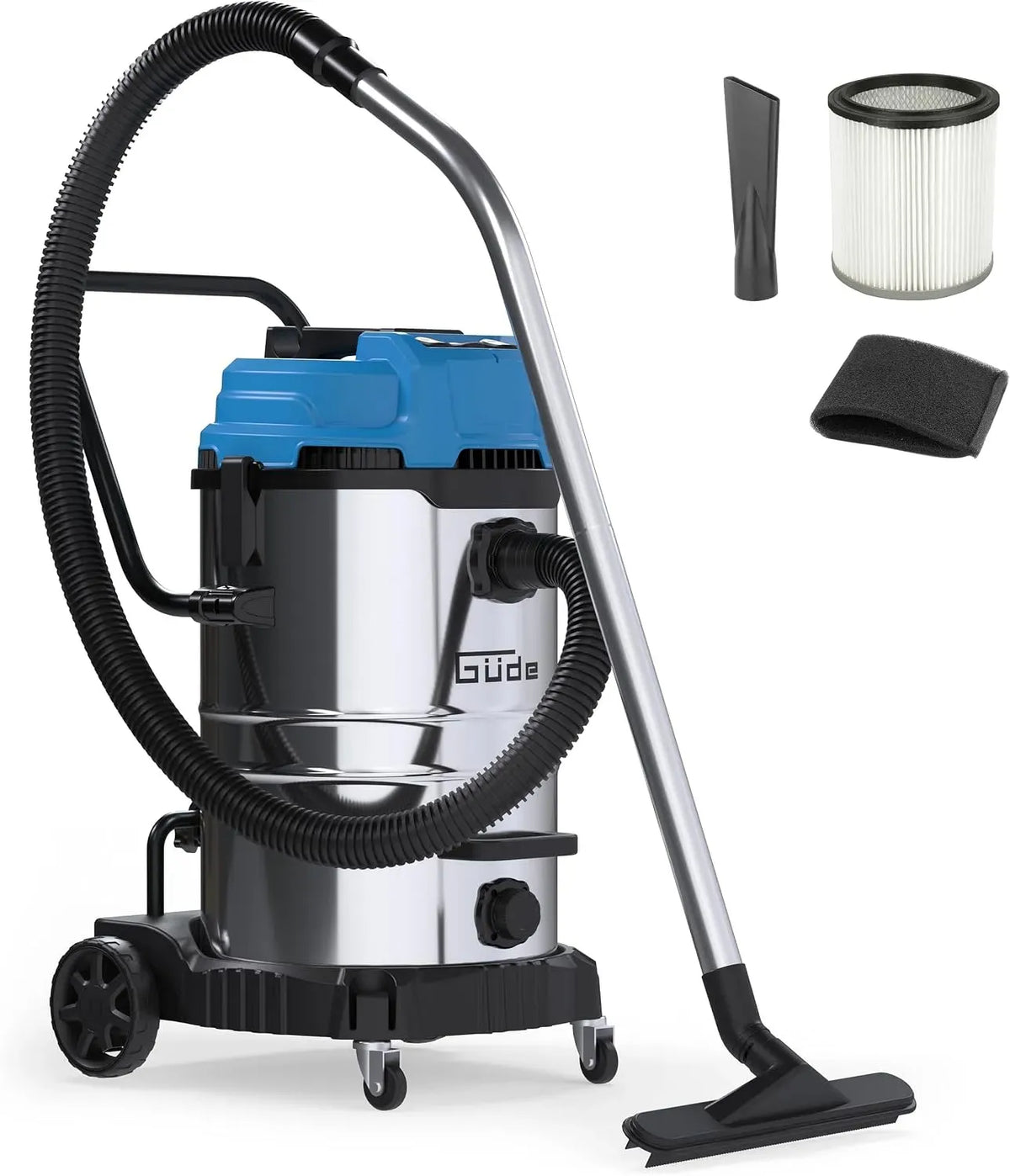 Aspirateur, 60 L, 3600 W, 230 V, grand réservoir, acier inoxydable, dépression 190 millibar, 3600 W avec 3 Moteurs électriques