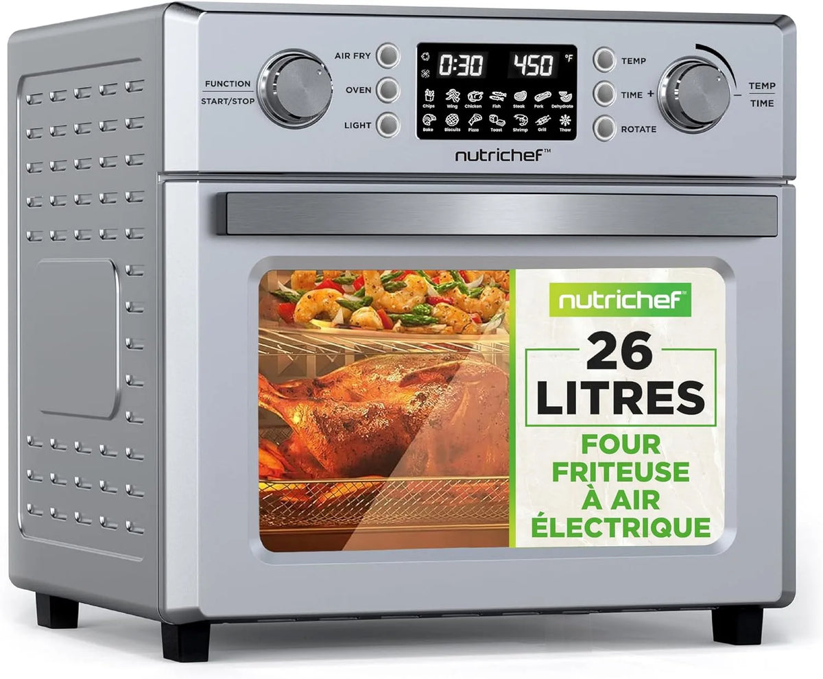 Four électrique, 26 L, 1700 W, 10 programmes, gril, compact, NutriChef Four Friteuse à Air Chaud 26L, Friteuse à Air Électrique 1700W avec Rôtissoire
