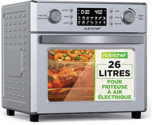 Four électrique, 26 L, 1700 W, 10 programmes, gril, compact, NutriChef Four Friteuse à Air Chaud 26L, Friteuse à Air Électrique 1700W avec Rôtissoire