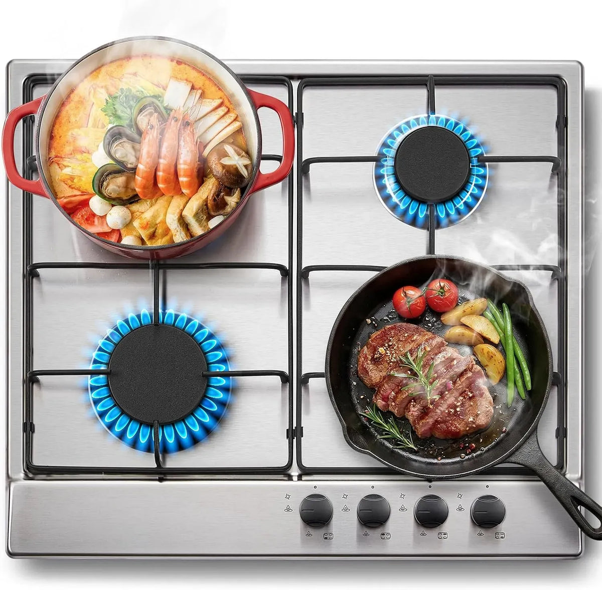 Plaque de cuisson à gaz, 60cm, 4 foyers, 240 V, SNDOAS, encastrable, acier inoxydable, table de cuisson à gaz, 7,06 kW