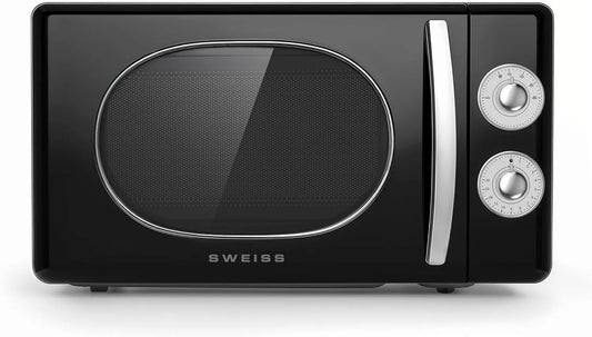 20L Noir, Micro-onde Vintage, 700W, 6 modes de cuisson, SWEISS MOVI9, 5 cm, Plaque tournantes 24, Minuterie jusqu'à 30 min, Décongélation