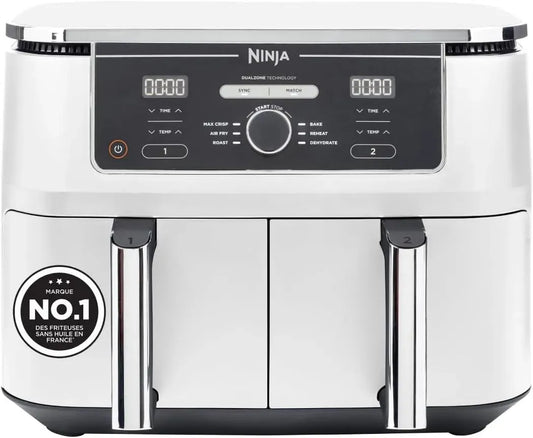 Ninja 6-en-1 AF400EUWH Lave-vaisselle, 9,5 L, revêtement antiadhésif, Foodi MAX Dual Zone Air Fryer, Paniers Antiadhésifs, 2 Tiroirs, 8 Portions
