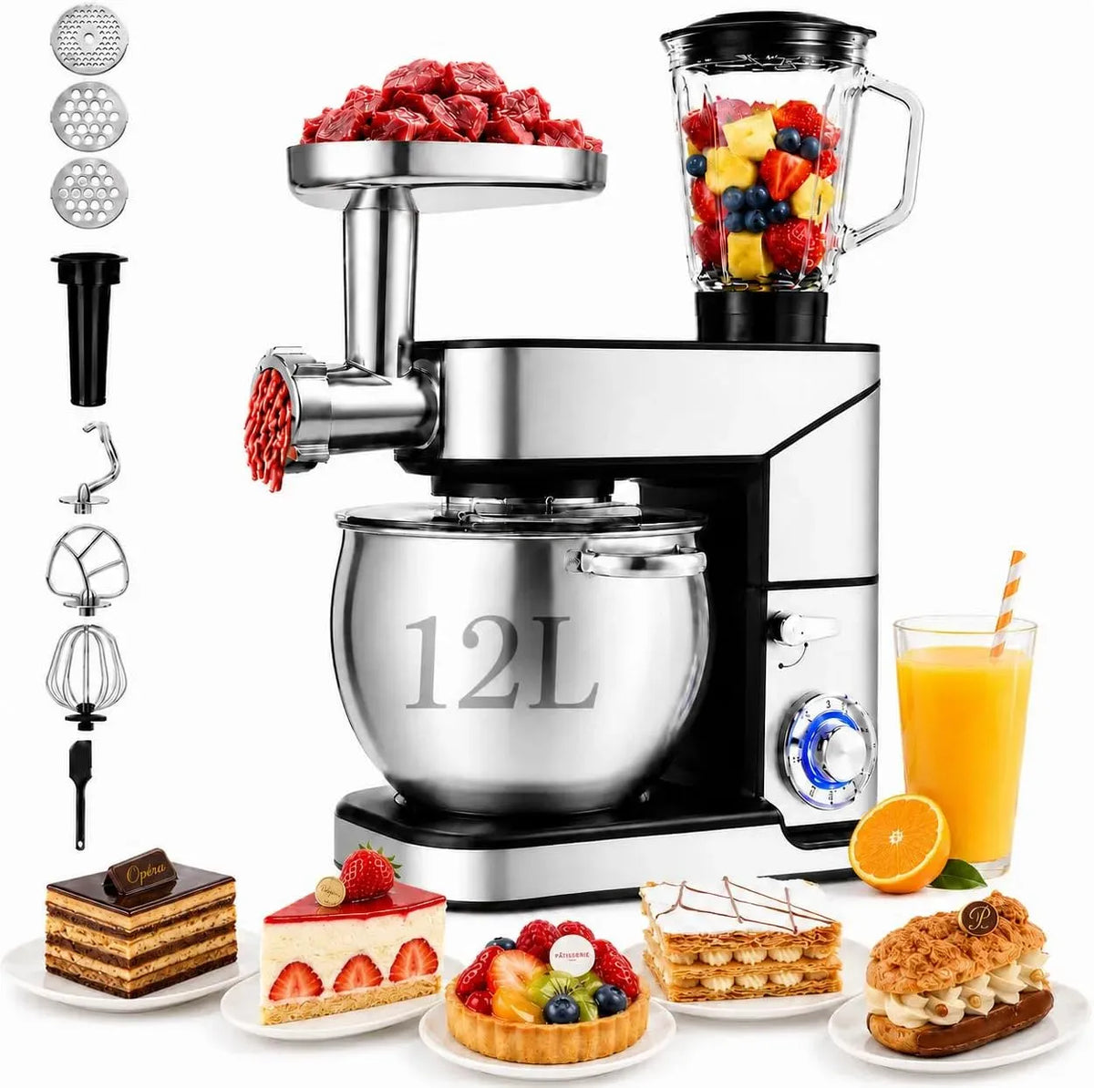 Robot de cuisine, 12 L, 2000 W, professionnel, acier inoxydable, Robot Pâtissier Bol Inox 12 L, 6 Vitesses, Blender 1,5 L