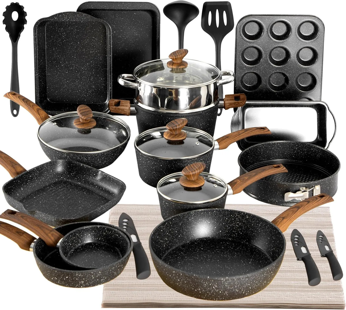 Ustensile de cuisson, noir, ustensile de cuisine, 30 pièces, Kitchen Academy Ensemble de 30 pièces Casseroles et Poêles Noir
