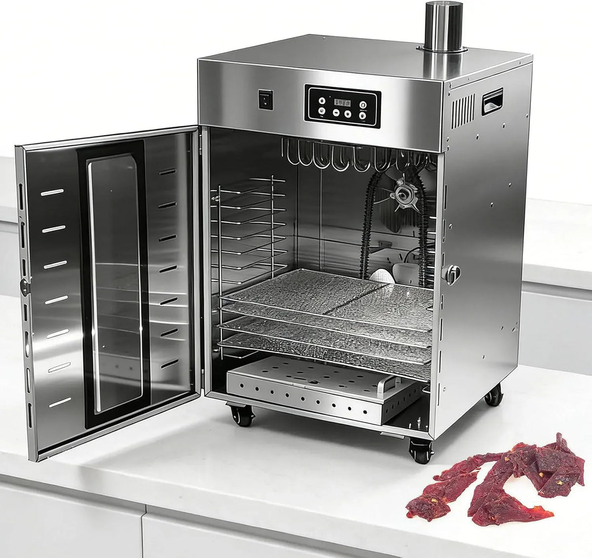 Déshydrateur Alimentaire Professionnel, 10 Plateaux, Chambre Maturation Viande 1000w, Rotation À 360° avec 30 Crochets + Fonction Fumage