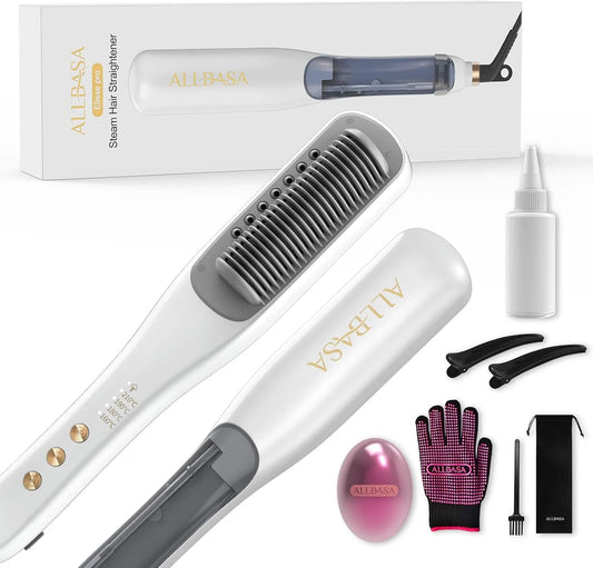 Lisseur cheveux, 160 à 210 °C, fer à lisser, vapeur, professionnel, blanc, 4 Température Réglable, Brosse Vapeur