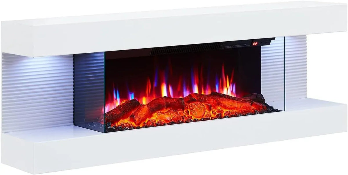 Radiateur électrique, 2000 W, BALDERIA, minuteur, éclairage LED, thermostat, effet 3D, blanc, Cheminée électrique murale avec effet flamme 3D