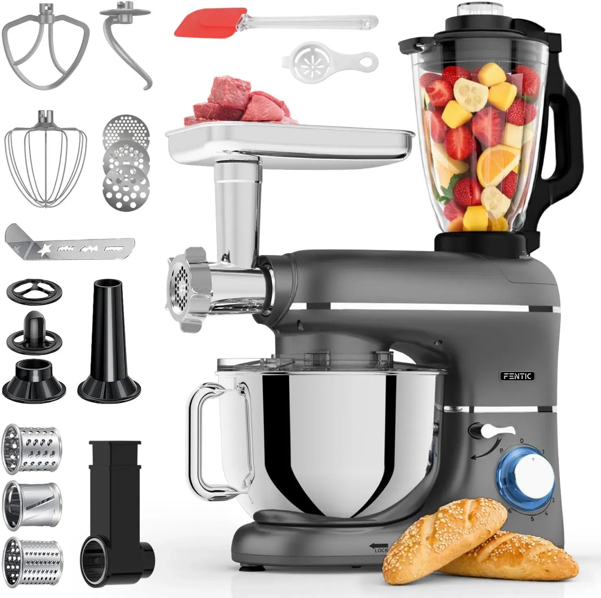 Blender, 1,5 L, 2000 W, 6,2L Bol Mélangeur, 6 en 1 Robot Pâtissier, 6,2 L