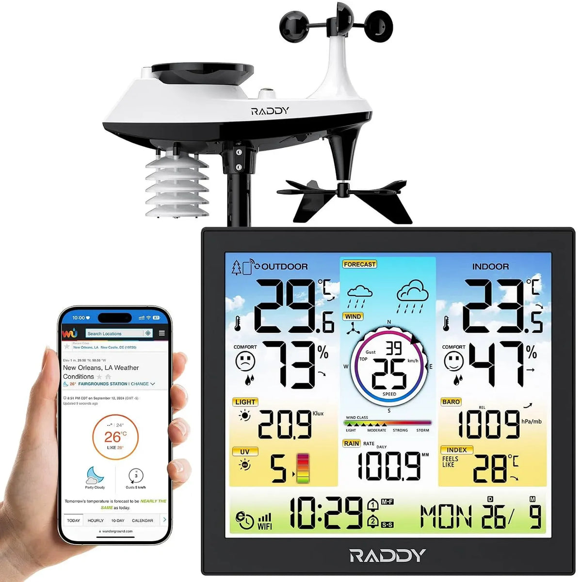 Moniteur, Raddy WF-120C, extérieur, Wi-Fi, professionnel, 2 zones de température, Wi-Fi Station météo professionnelle, Indice UV