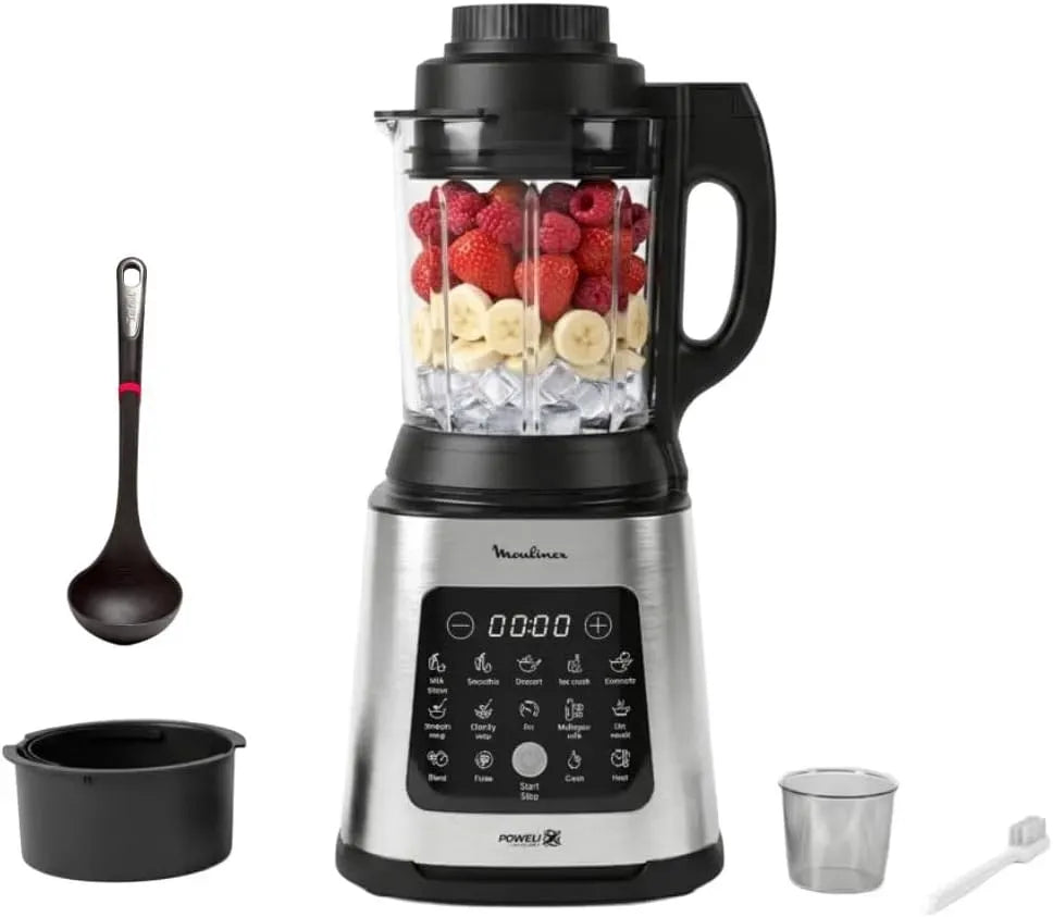Moulinex Blender, 2 L, 1400 W, 10 programmes, vapeur, acier inoxydable, Panier vapeur et louche inclus, Appareil a smoothies et soupes, Bol verre 2L