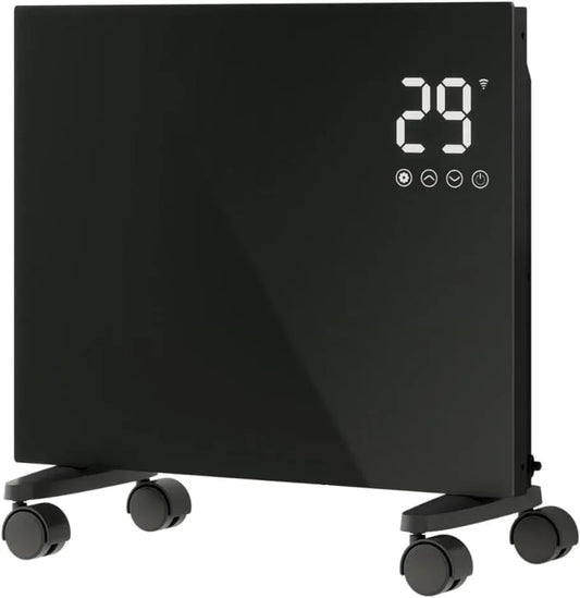 Radiateur électrique, 1000 W, AICA 2en1 70mm., tactile, minuteur, Wi-Fi, noir, Verre trempé ultra-plat Pilotage via app, Minuterie 24h