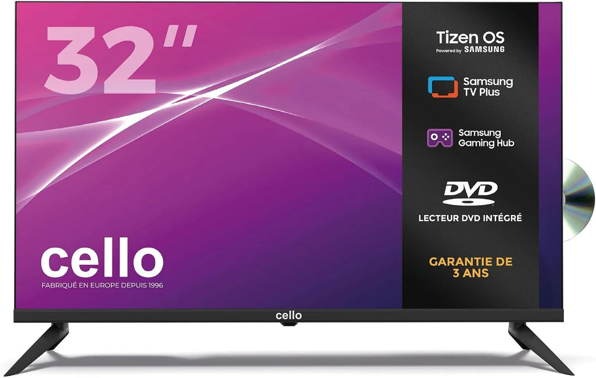 Smart TV, 32 pouces, téléviseur, Cello C3226TZF, Tizen OS, HDMI, USB, Wi-Fi, sans cadre, Bluetooth, Jeux en Nuage sans Console